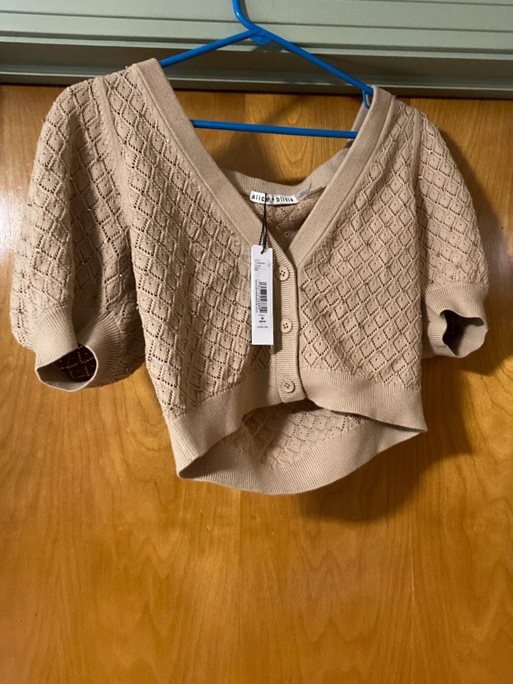 NWT Alice + Olivia Romi Cropped Embellished Puff Sleeve Pointelle Cardigan Med